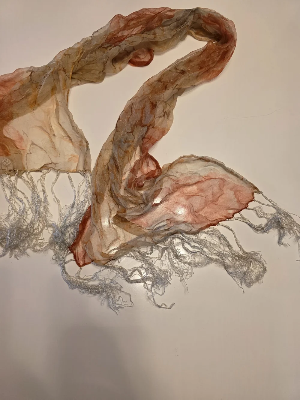 Vintage 70s Delicate Fringe Hippie Orange and Cream Lightweight Crinkle Scarf